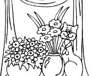 Coloriage Chat et fleurs dessin gratuit à imprimer