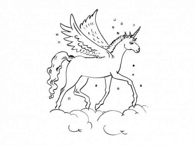 Coloriage Licorne sur Les Nuages dessin gratuit à imprimer