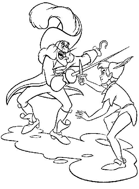 Coloriage Capitaine Crochet se combat avec Peter dessin gratuit à imprimer