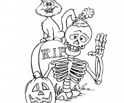 Coloriage Halloween Squelette et chat noir