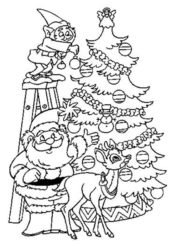 Coloriage Père Noël décore le Sapin