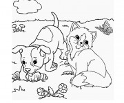 Coloriage Chat et chien dans la nature