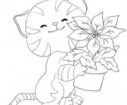 Coloriage Chat et pot de fleur