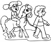 Coloriage Petite fille et enfant et leur cheval
