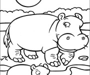 Coloriage et dessins gratuit Hippopotame et son petit sous le soleil à imprimer