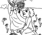 Coloriage Amoureux et bouquet de Fleurs