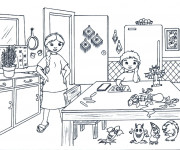 Coloriage Enfant et ses amis magiques à La Cuisine