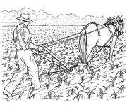 Coloriage Un agriculteur laboure la terre pendant l'automne 