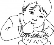Coloriage Enfant qui Mange Un Gâteau