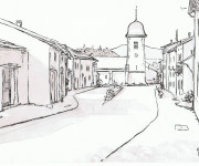 Coloriage Village en noir et blanc