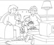 Coloriage Caillou et sa famille regarde la télé