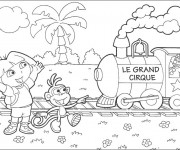 Coloriage Dora devant le train du cirque