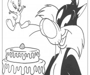 Coloriage Titi et Grosminet s'aprêtent à manger du gâteau