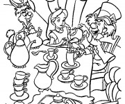 Coloriage et dessins gratuit Alice au pays des merveilles assise à table à imprimer