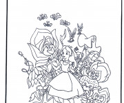 Coloriage Alice au pays des merveilles entouré des fleurs