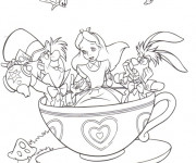 Coloriage Alice, le chapelier Toqué et le lièvre dans une tasse
