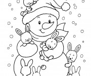 Coloriage Bonhomme de neige et ses amis lapins
