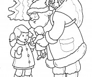 Coloriage Père Noël offre un cadeau à une petite fille