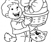 Coloriage Enfant et son Chat avec L'oeuf de Pâques