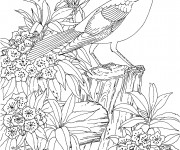 Coloriage et dessins gratuit paysage de Fleur et animaux adultes à imprimer