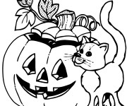 Coloriage et dessins gratuit Halloween chat noir et citrouille à imprimer