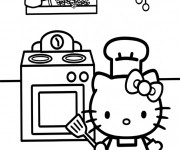 Coloriage Hello Kitty à la cuisine en noir et blanc