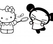Coloriage et dessins gratuit Hello Kitty et Pucca rigolo à imprimer