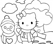Coloriage Hello Kitty et Bonhomme de Neige sous le Ciel