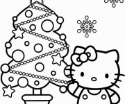Coloriage Hello Kitty et le Sapin bien décoré
