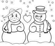 Coloriage et dessins gratuit couple de bonhommes de  neige à imprimer