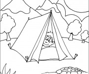 Coloriage Enfant dans La tente Camping
