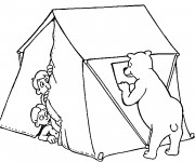 Coloriage Tente Camping et Ours qui fait Peur