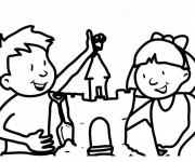 Coloriage Fille et garçon décorent leur Château de Sable