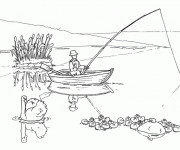 Coloriage et dessins gratuit Un pêcheur jette sa Canne à pêche à imprimer
