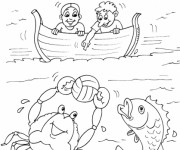 Coloriage Enfant jouent au ballon avec les poissons