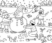 Coloriage et dessins gratuit Bonhomme de Neige et les enfants à imprimer