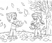 Coloriage Enfants collectent les feuilles d'arbres