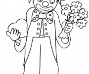 Coloriage Un clown avec un bouquet de fleurs et un coeur dans ses mains