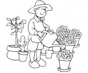 Coloriage Jardinier arrose les fleurs