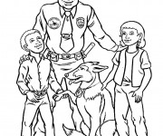 Coloriage Chien policier et officier avec deux enfants