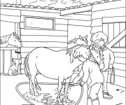 Coloriage Les enfants baignent leur cheval