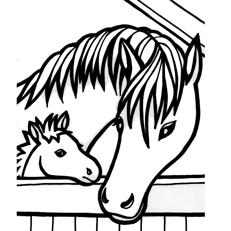 Coloriage Cheval et poulain dans l'écurie dessin gratuit à imprimer