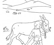 Coloriage Un petit enfant guide son âne