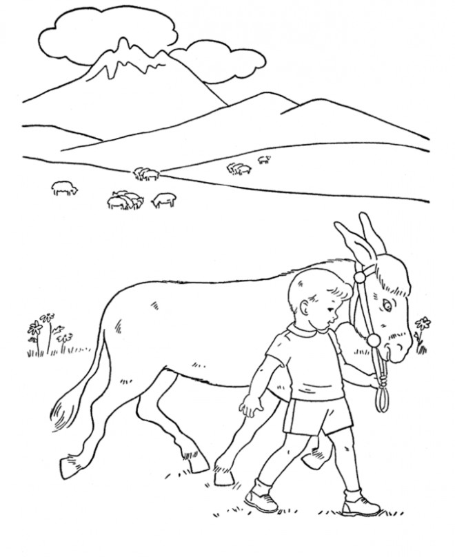 Coloriage et dessins gratuits Un petit enfant guide son âne à imprimer