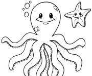 Coloriage Poulpe et &eacute;toile de mer heureux