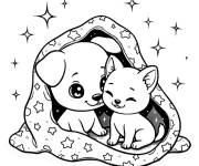 Coloriage Amis Chiot et chaton en c&acirc;lin