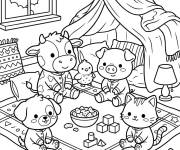 Coloriage Animaux mignons en soir&eacute;e pyjama