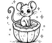 Coloriage B&eacute;b&eacute; souris sur une fruit
