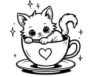 Coloriage Chaton mignon joue dans le tasse