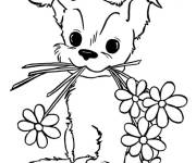 Coloriage Chiot avec un bouquet de fleur